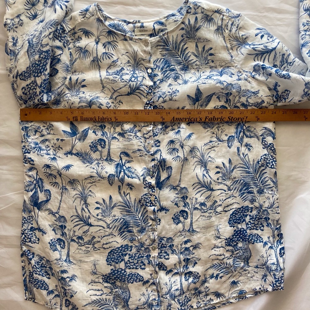 JOIE 100% Linen Tropical Blue/White Toile Print Button-Down Blouse 1X Botanical - Picture 7 of 9